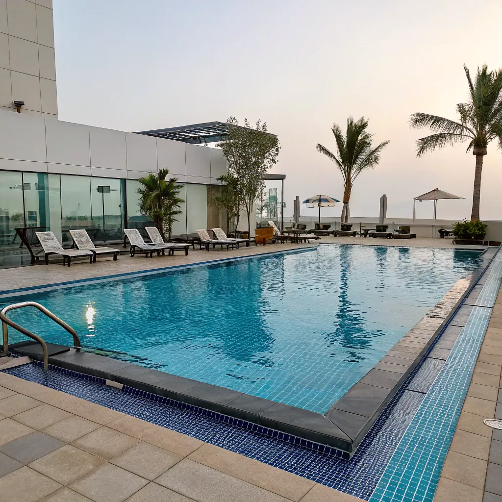 An inviting, modern swimming pool where our story began